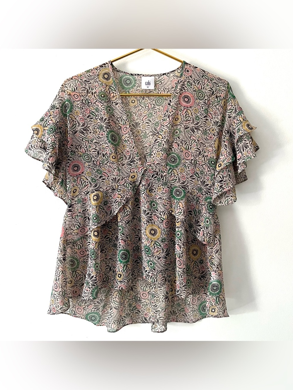 CAbi Poet Folklore Sheer Floral Flowy Babydoll Tiered Ruffle Cottagecore Top XS
